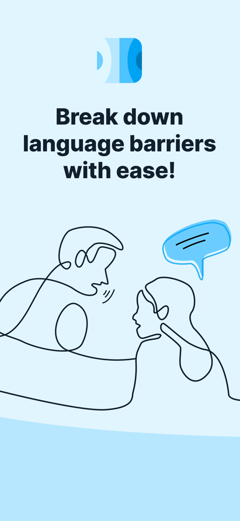 Voice Translator - Mediator - 언어 장벽을 허무는 내용을 담은 텍스트와 함께 두 사람이 대화하는 그림이 있는 메디에이터 음성 번역기 앱 소개 화면