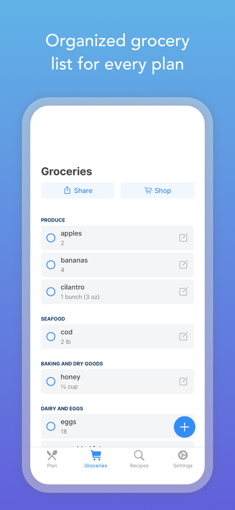 Organisierte Einkaufsliste in der Intent Meal Planner App mit kategorisierten Lebensmitteln