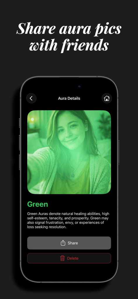 iAura aura energy mood reader - iAuraアプリのインターフェース、緑色のオーラ写真とそのスピリチュアルな意味の説明、共有ボタンが表示されている