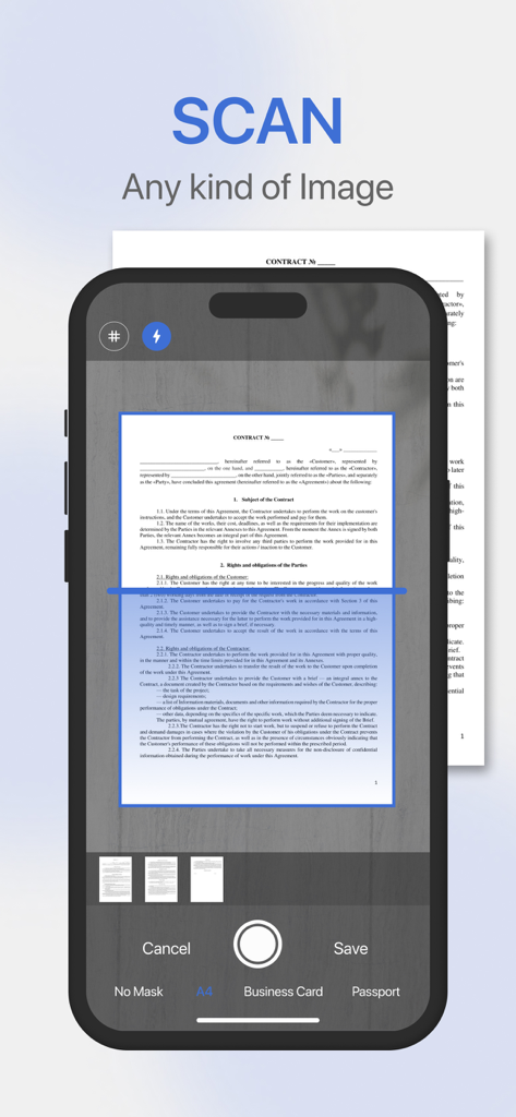PDF Editor・PDF File Converter - A4や名刺などのさまざまなフォーマットオプションで書類をキャプチャするスキャン機能を示すモバイルアプリインターフェイス