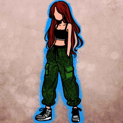 girl in baggy pants crop top and long hair