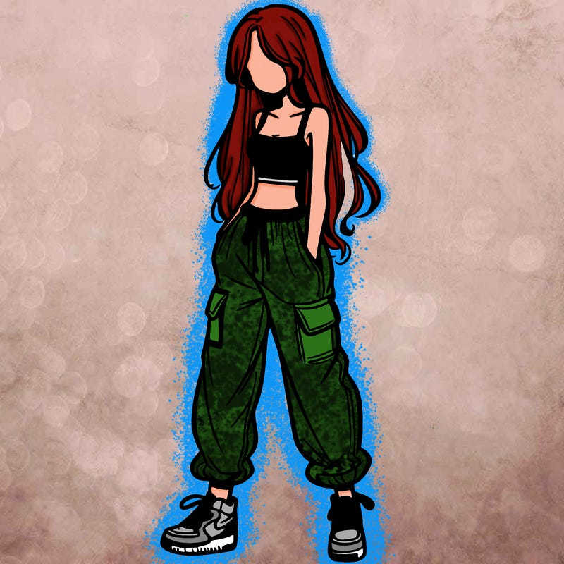 girl in baggy pants crop top and long hair