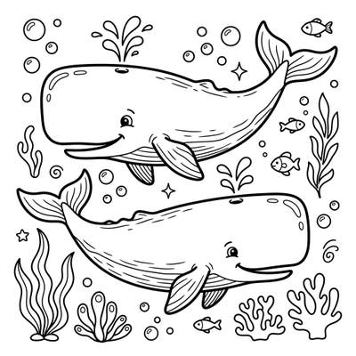 Embark on an underwater journey with this adorable sperm whales coloring page, specially crafted for young ocean explorers. Featuring two cheerful whales surrounded by playful bubbles and marine life, it's perfect for ages 4-8 to bring to life with color.