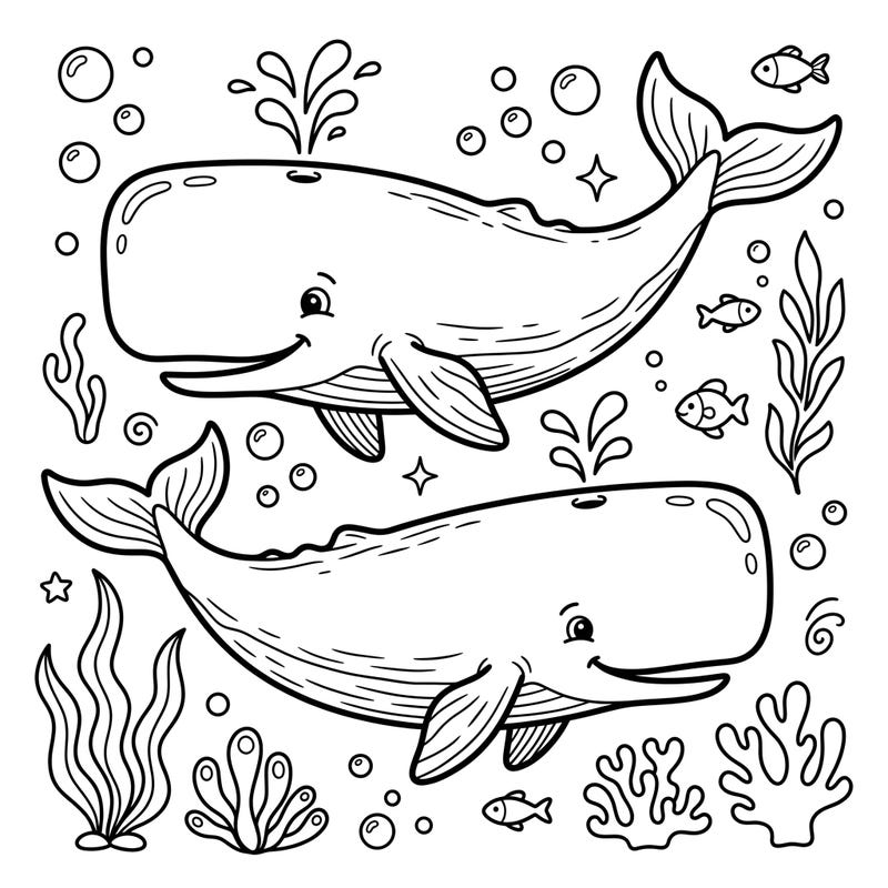Embark on an underwater journey with this adorable sperm whales coloring page, specially crafted for young ocean explorers. Featuring two cheerful whales surrounded by playful bubbles and marine life, it's perfect for ages 4-8 to bring to life with color.