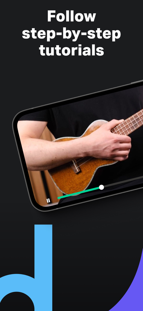 Tutoriales paso a paso de ukelele en la pantalla de un teléfono móvil.