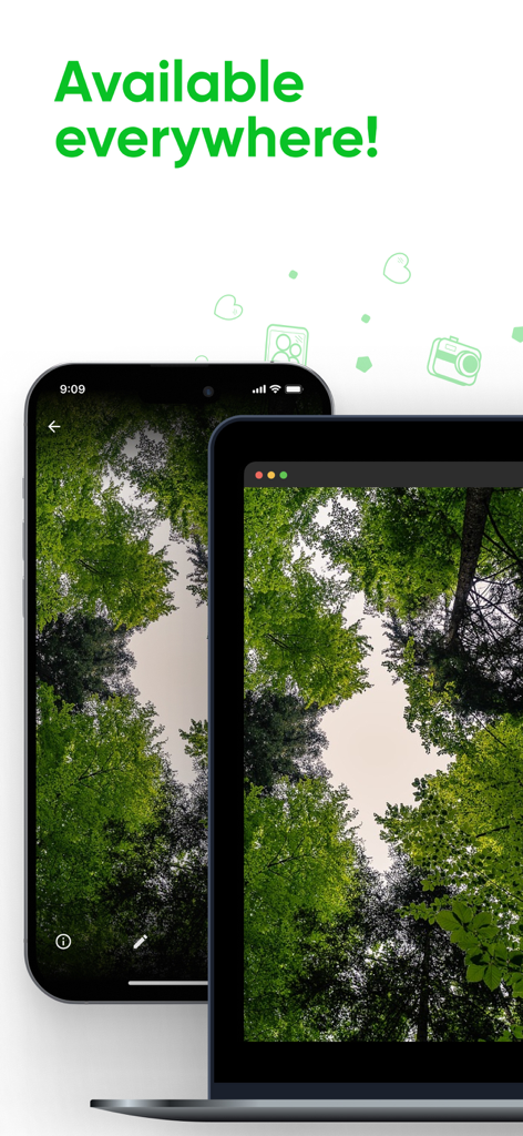 Aplicativo Ente Photos exibido em um smartphone e laptop mostrando a sincronização de memórias entre plataformas