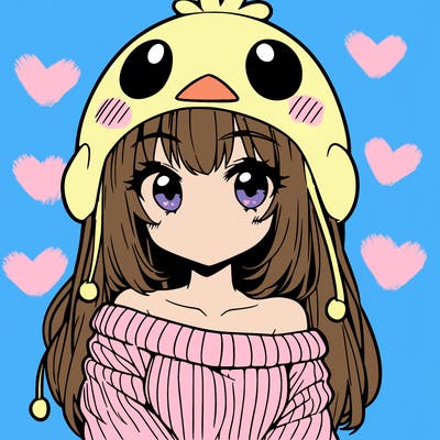 anime girl with chick shaped hat with sweater with bare shoulders with bangs covering them one eye with low tail