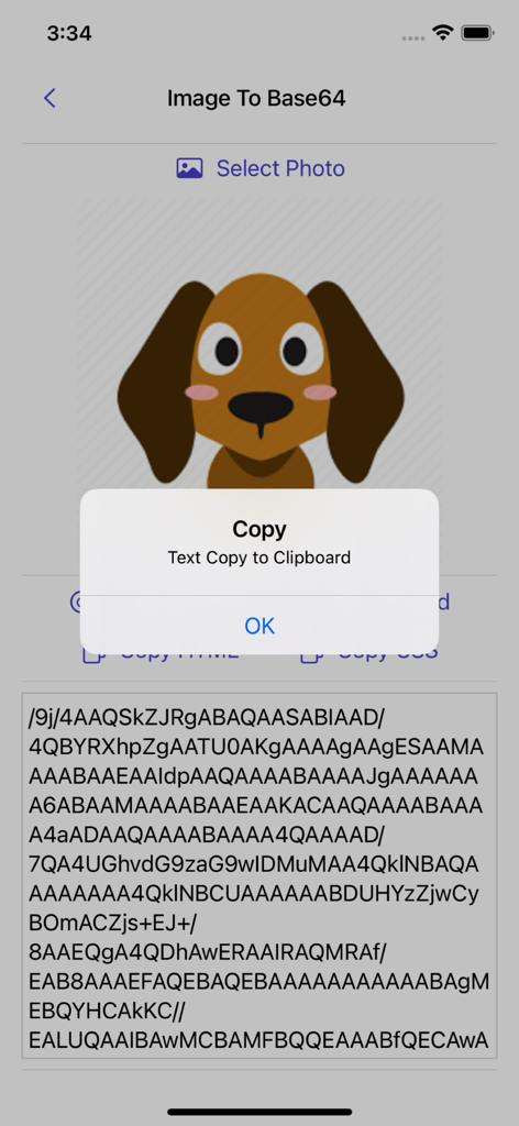 Image to Base64 Plus - App interface showing an image of a dog converted into a Base64 string with a copy confirmation popup.