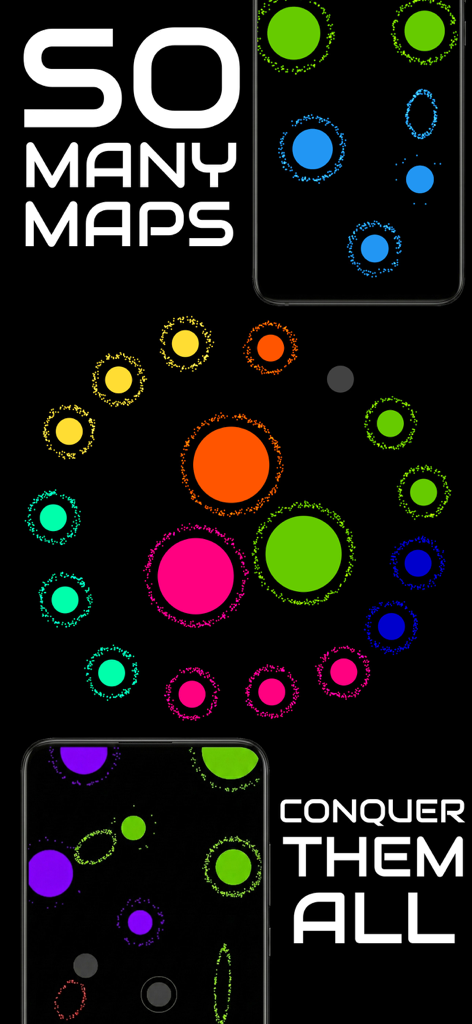 Uma captura de tela promocional do Swarm Game mostrando diferentes layouts de mapa com colmeias coloridas e o texto Tantos Mapas, Conquiste-os Todos.