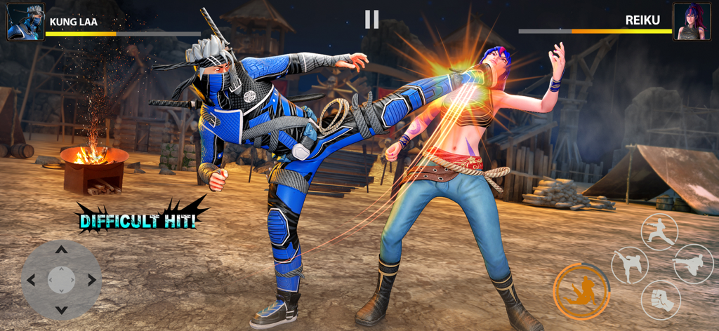 Ninja Games : Shadow Legends - Un personaje ninja azul realizando una patada alta a un oponente en una escena de juego de lucha de artes marciales