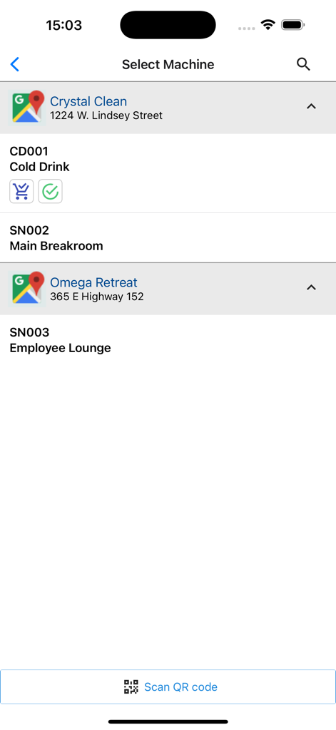VendSoft: Vending Management - Mobile app interface showing a list of vending machines and locations for route drivers