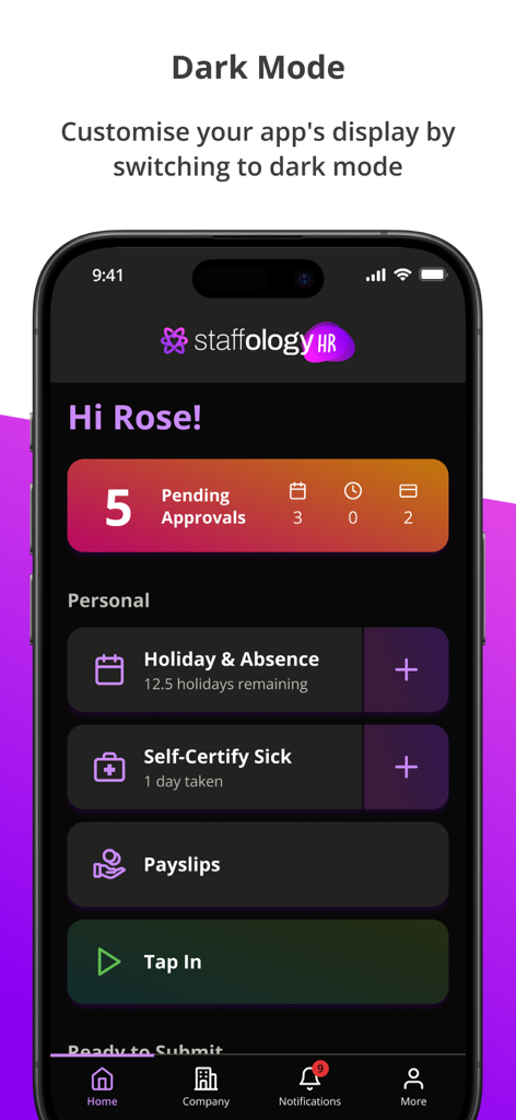 Interface do painel do aplicativo Staffology HR em modo escuro.