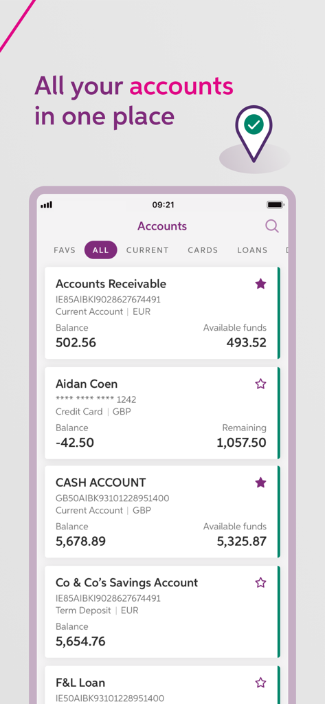 AIB Business iBB app dashboard showing multiple business accounts including receivables and savings with their respective balances