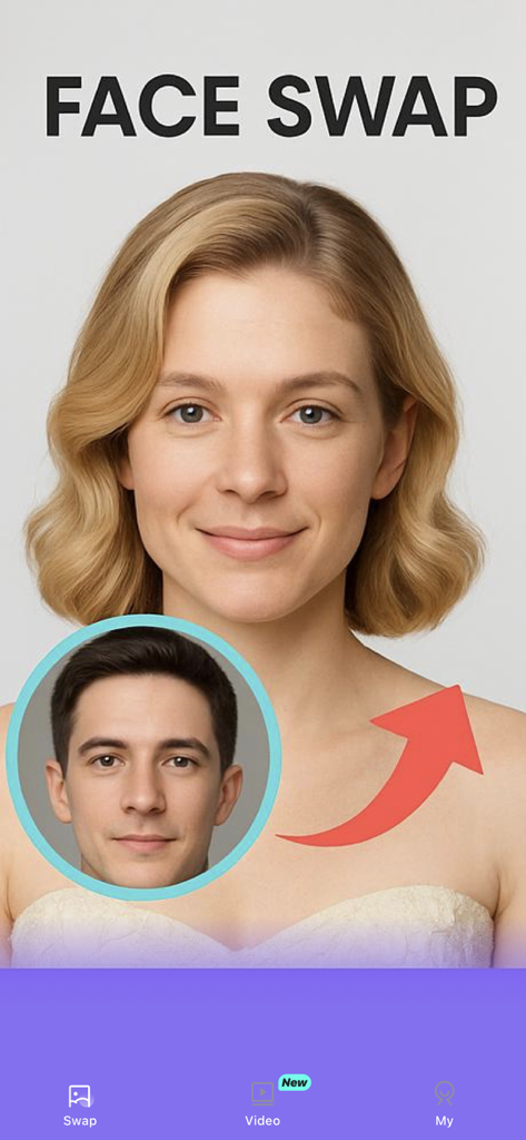 Mobile app interface for AI Face Swap featuring a face replacement on a portrait photo