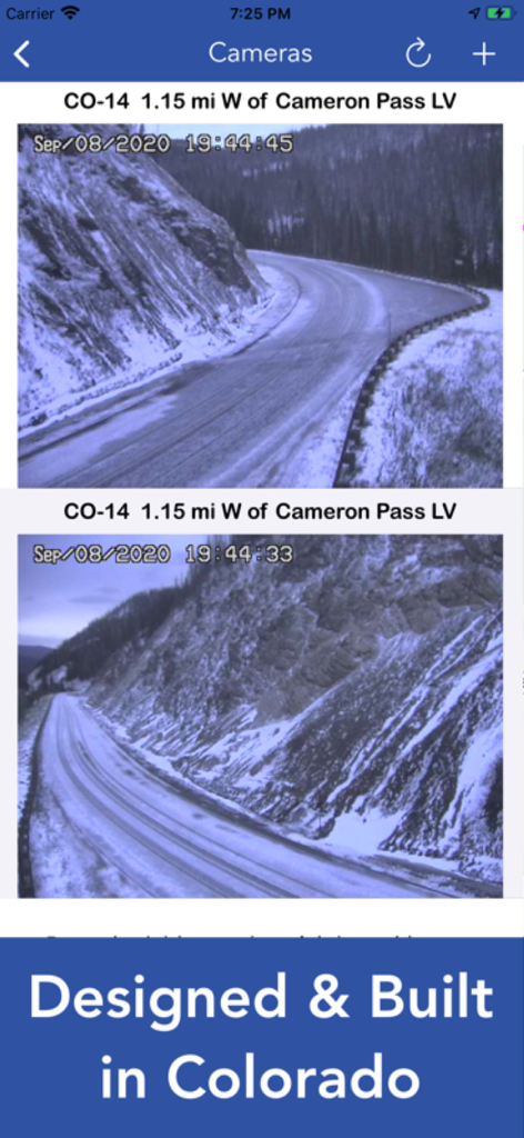 Live CCTV camera feeds showing snowy road conditions at Cameron Pass Colorado