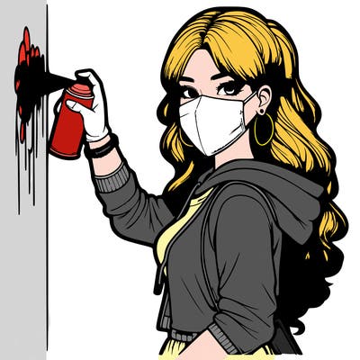 realistic girl with mask spray painting a wall