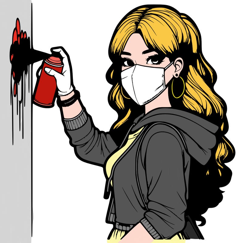 realistic girl with mask spray painting a wall