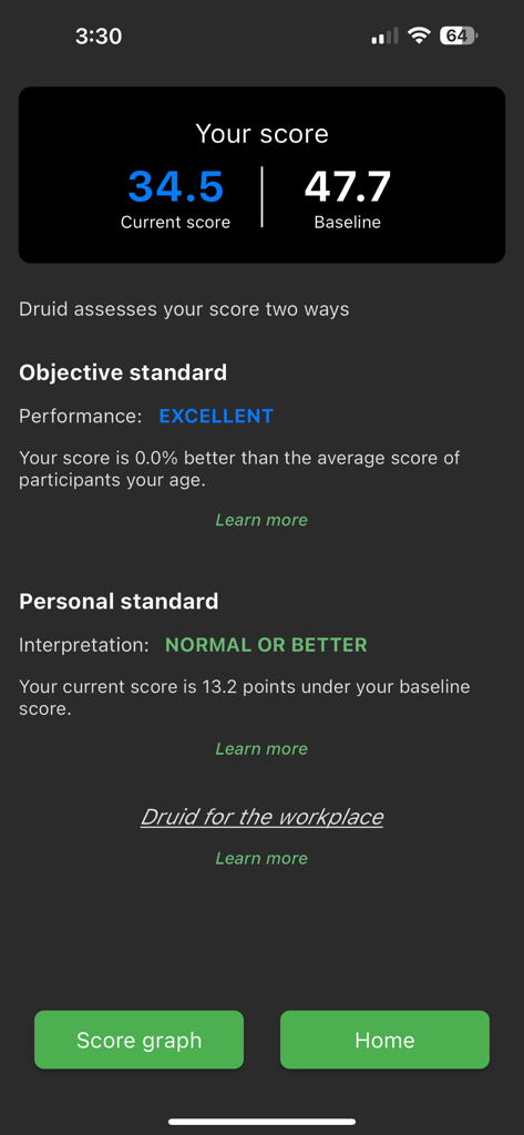 DRUIDapp - DRUID app screen showing cognitive impairment test results with a current score and baseline comparison