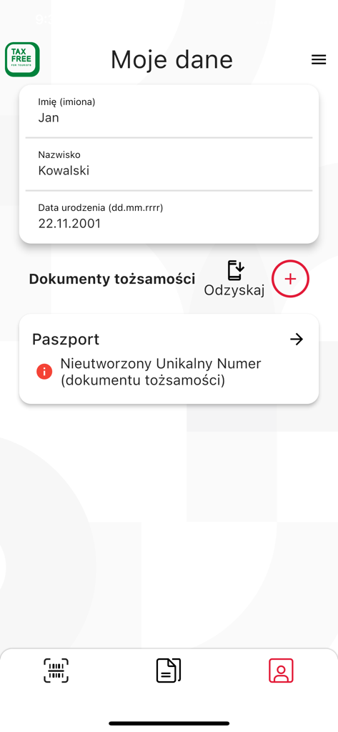 mTAX FREE PL - Benutzerprofilbildschirm der mTAX FREE PL App, der persönliche Informationen und den Status des Reisepassdokuments anzeigt