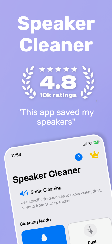 Speaker Cleaner app interface showing sonic cleaning mode to expel water and dust from speakers