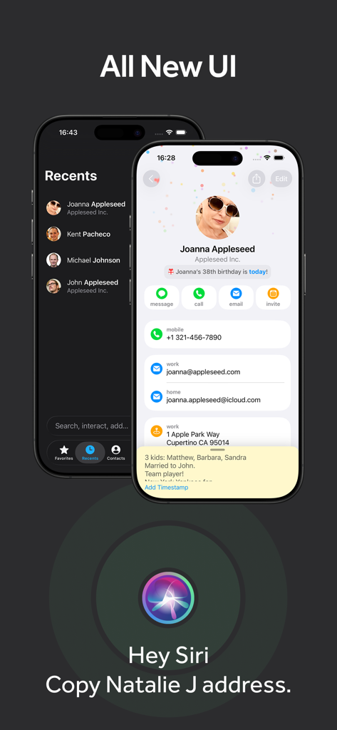 Cardhop Contacts app interface on iPhone featuring contact details and Siri voice integration.