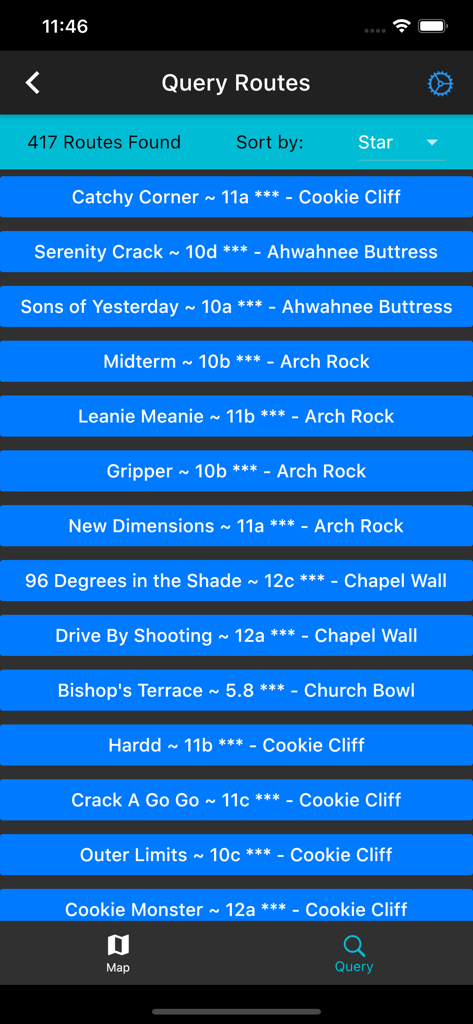 Lista de rutas de escalada del Valle de Yosemite ordenadas por calificación de estrellas que muestra el nombre de la ruta, el grado y la ubicación