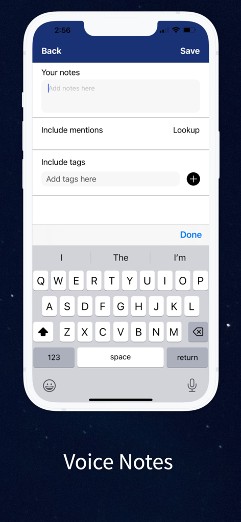 Visione Scan app voice notes interface for adding notes tags and mentions