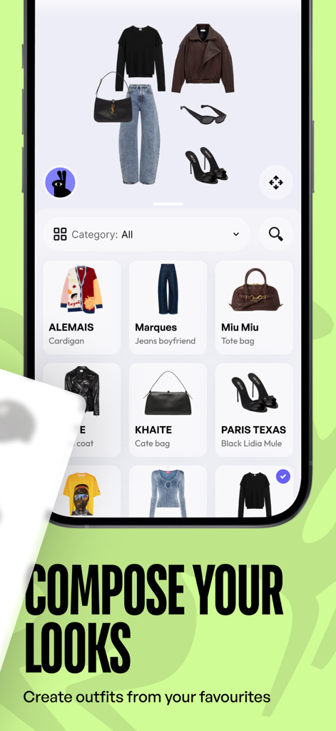 Interface de l'application Estyl montrant un créateur de tenues et une grille d'articles de vêtements de différentes marques.