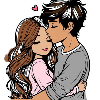 a realistic couple boy and girl hugging and kissing