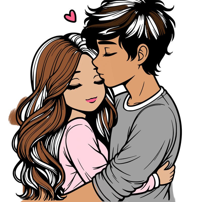 a realistic couple boy and girl hugging and kissing
