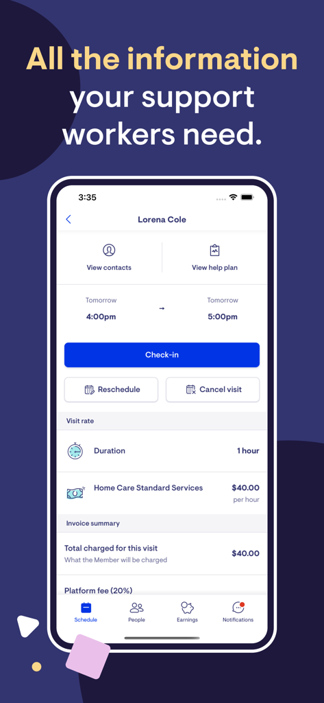 Lookout - Lookout app interface showing visit schedule and service rates for professional support workers