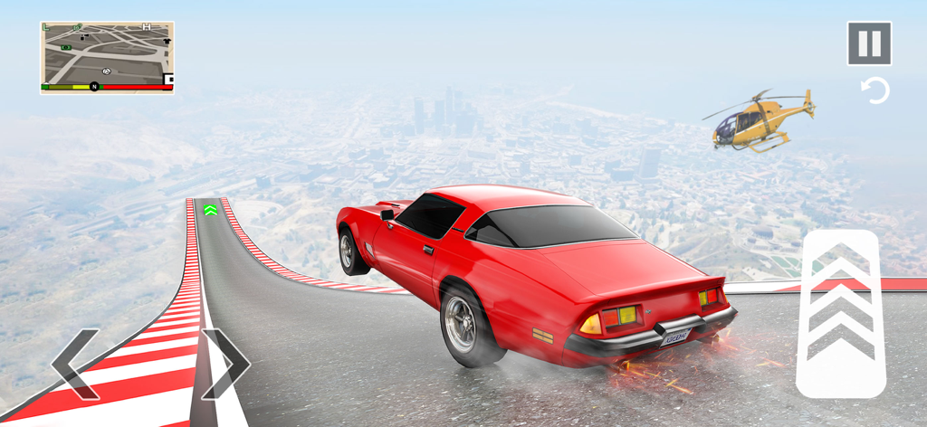 Drive Real Car Games - Red muscle car performing a high altitude stunt on a ramp above a city