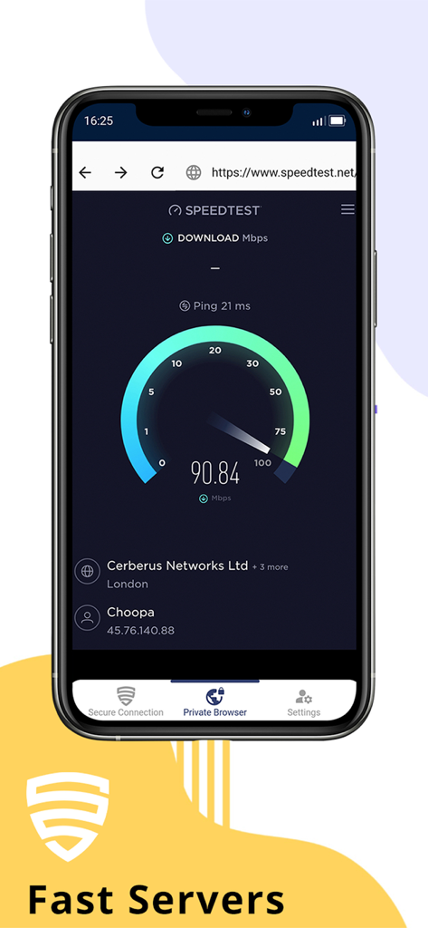 Uno schermo di smartphone che mostra un test di velocità con 90,84 Mbps di velocità di download all'interno del browser privato dell'app Privacy VPN.