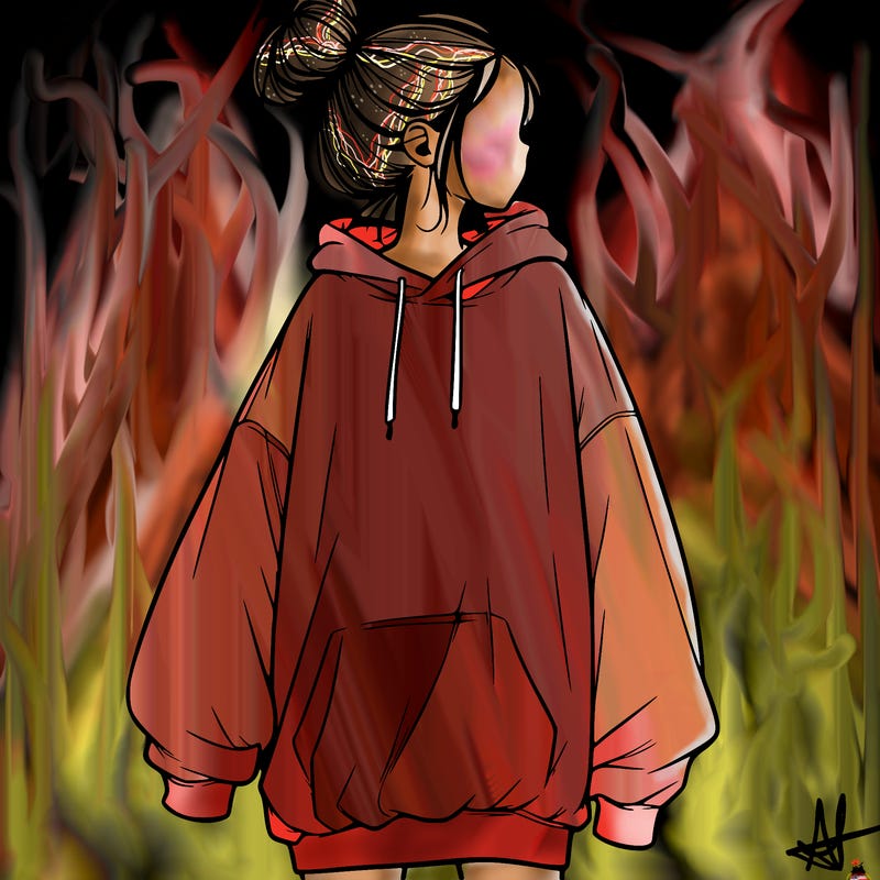 realistic girl with a oversized sweatshirt on and a bun