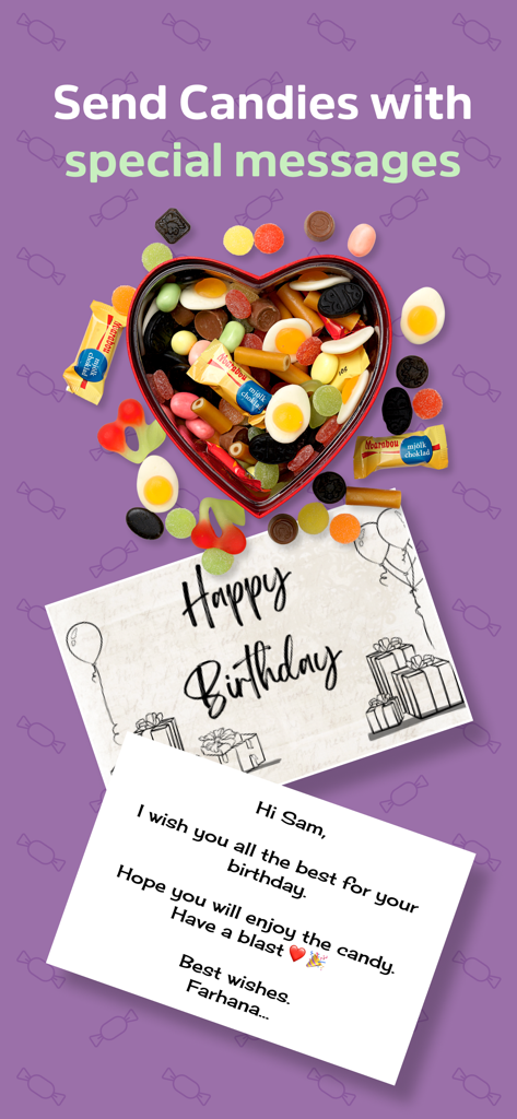 CandyExpress Candy app - Heart shaped box of assorted Swedish candies with a personalized happy birthday note