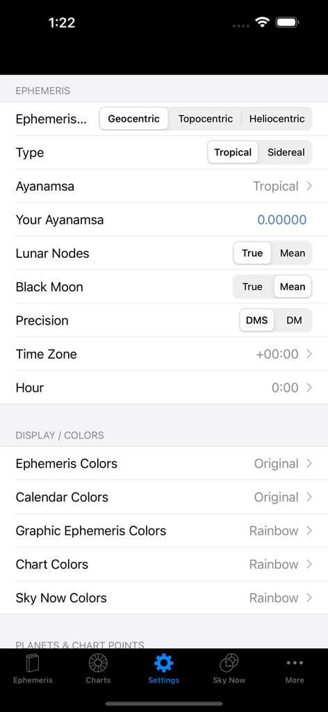 iPhemeris Astrology Charts - Settings screen of the iPhemeris app showing customization options for ephemeris types display colors and chart points