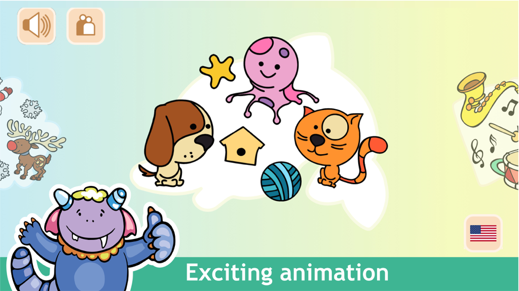 Joyful Color Book - Fun Game - Cartoon dog, cat, and octopus characters with text saying exciting animation