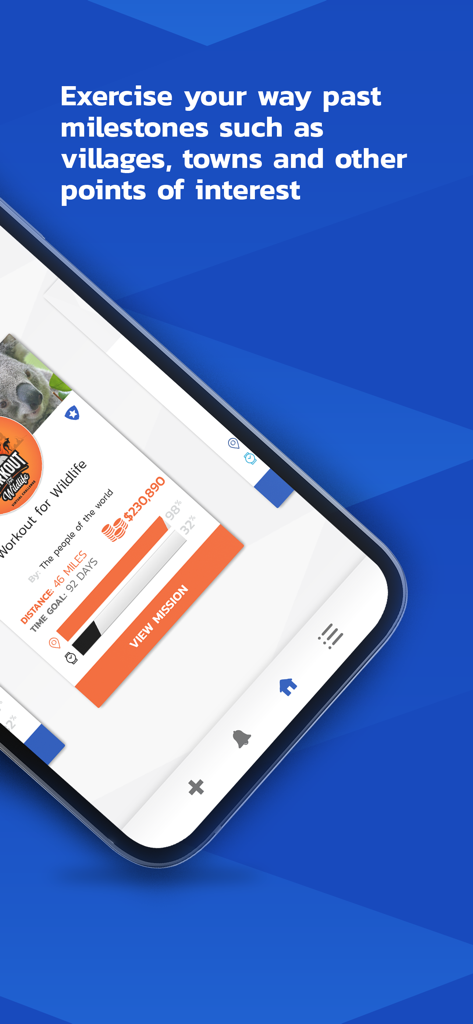 Smartphone showing a virtual workout for wildlife mission with progress bars and exercise milestones