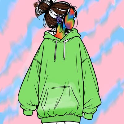 realistic girl with a oversized sweatshirt on and a bun