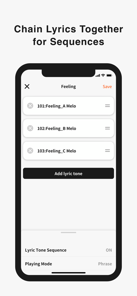 Lyric Creator - Interfaz de la aplicación Lyric Creator mostrando una lista de tonos de letra encadenados para una secuencia musical