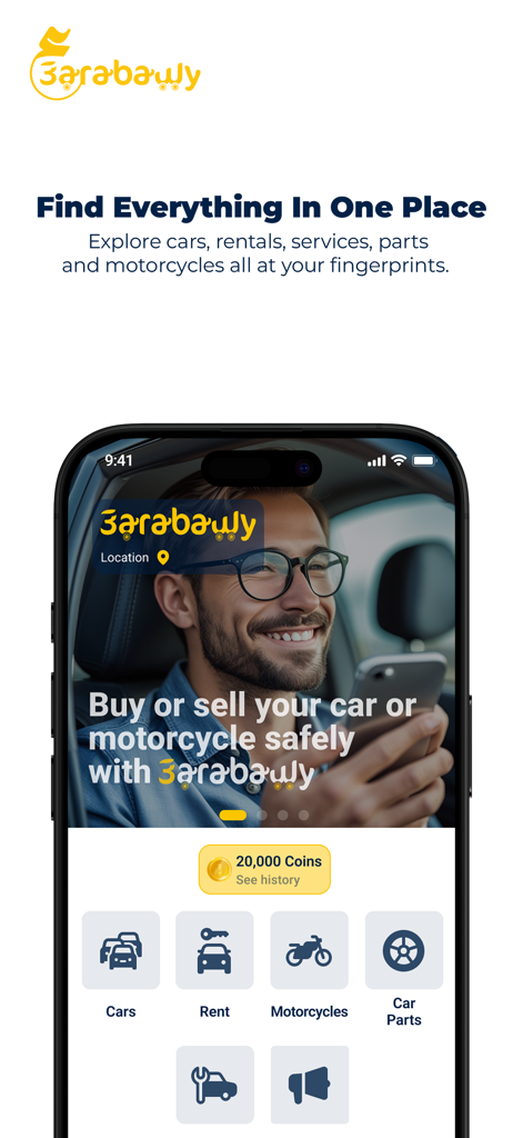 3arabawy: Buy & Sell Cars - 3arabawyアプリのホーム画面。売買、レンタカー用