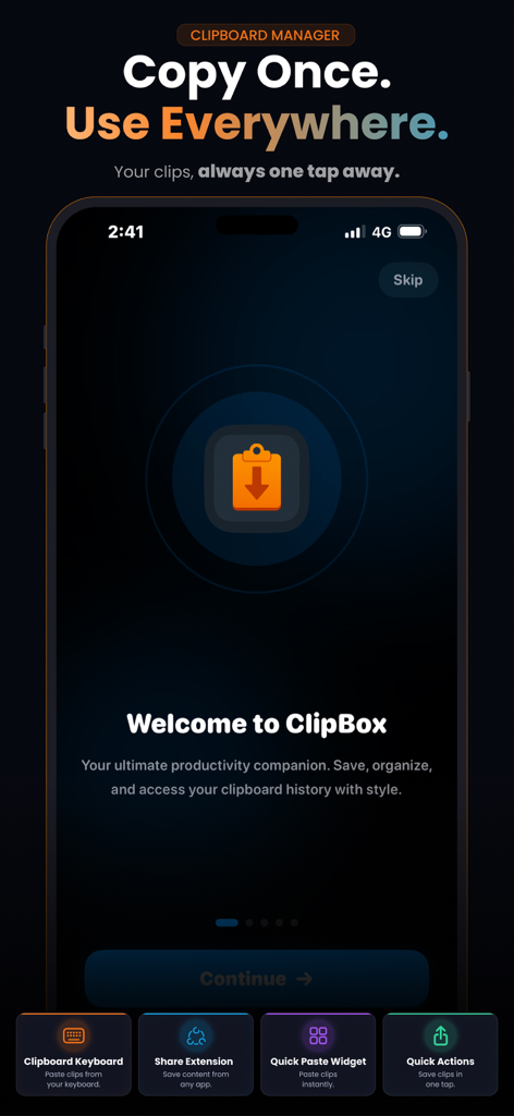 ClipBox – Copy & Paste Manager - Pantalla de incorporación de ClipBox con el titular Copiar una vez, usar en todas partes e iconos para el teclado del portapapeles y extensiones para compartir