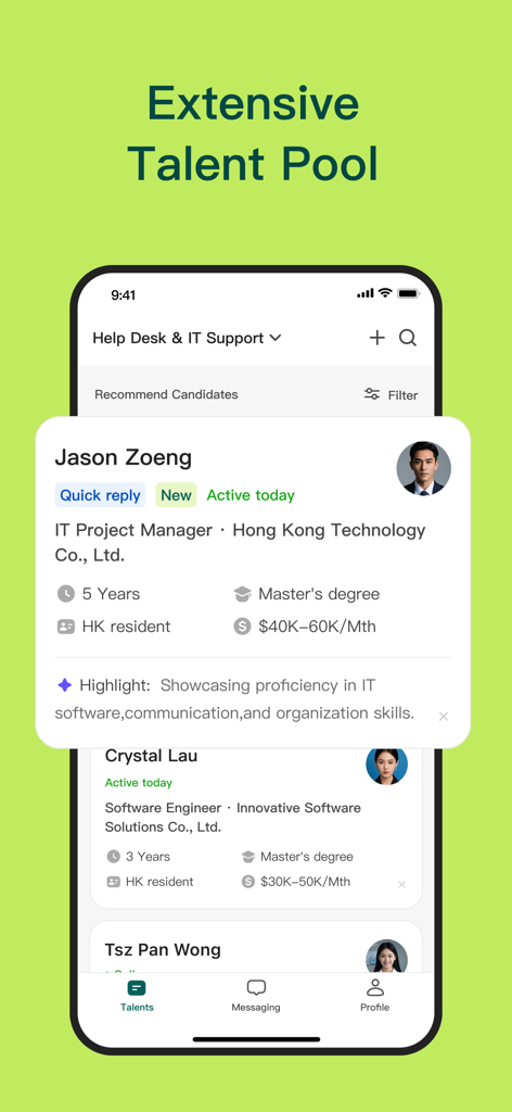 OfferToday - Find Jobs - OfferToday app display of a talent pool featuring professional candidate profiles for IT support roles.