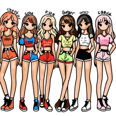 a group of girls wearing crop tops and shorts