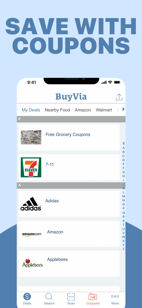 BuyVia app screen showing a list of coupons from retailers like Adidas, Amazon, and Applebee's