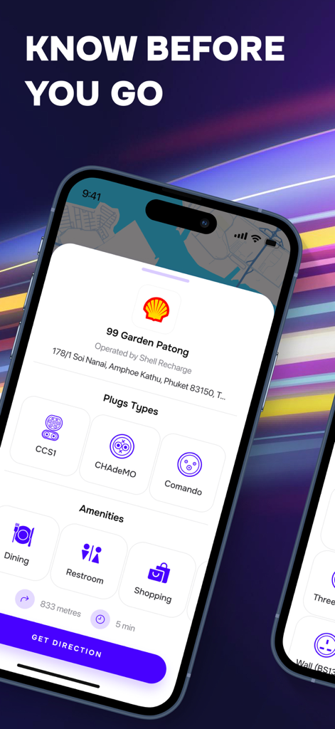 EV On app interface showing charging station details including plug types and amenities