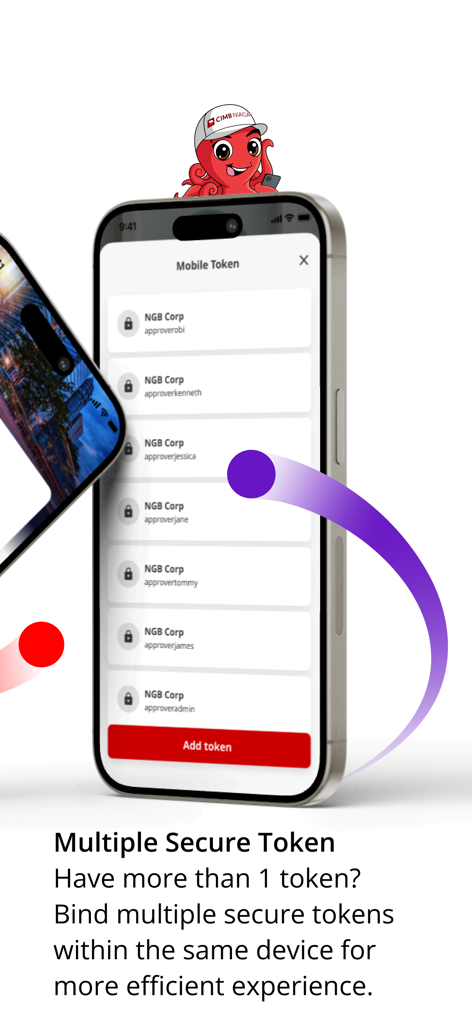 Pantalla de la aplicación móvil mostrando múltiples tokens seguros para cuentas empresariales corporativas