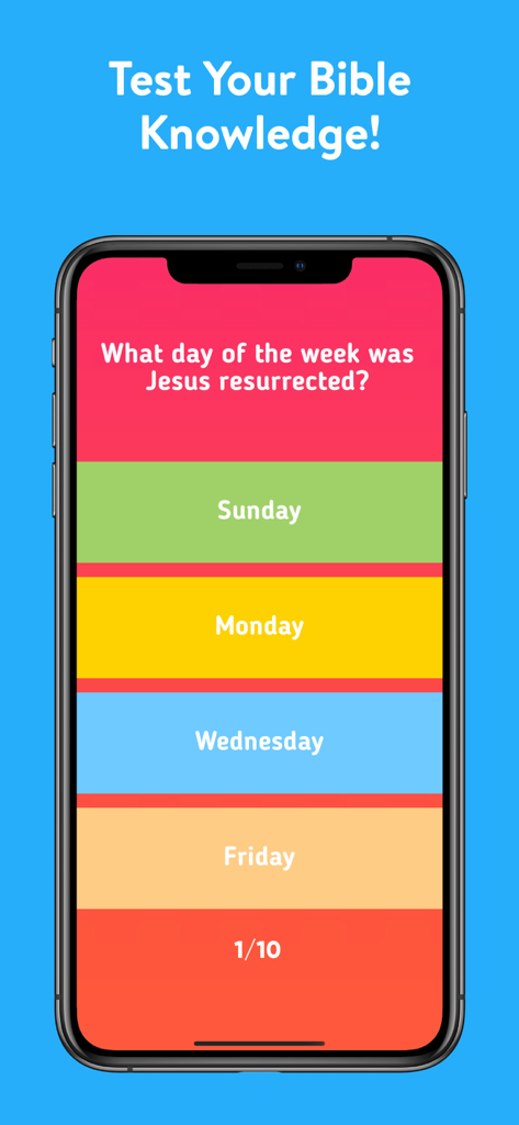 Bible Trivia Quiz - Fun Game - A mobile screen showing a Bible trivia question about the resurrection of Jesus with multiple choice options.