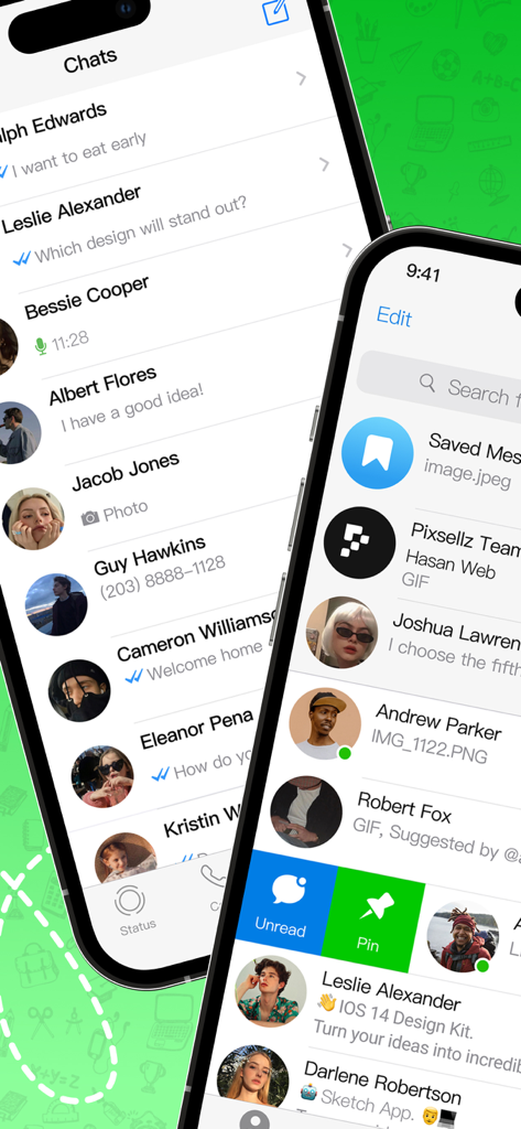 Two mobile phone screens showing the chat interface and message list of the Dual Messenger app with user profiles and message previews