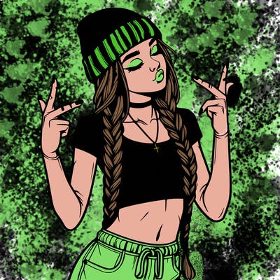 realistic teenage girl with braids and a beanie and crop top doing 🫶🏼